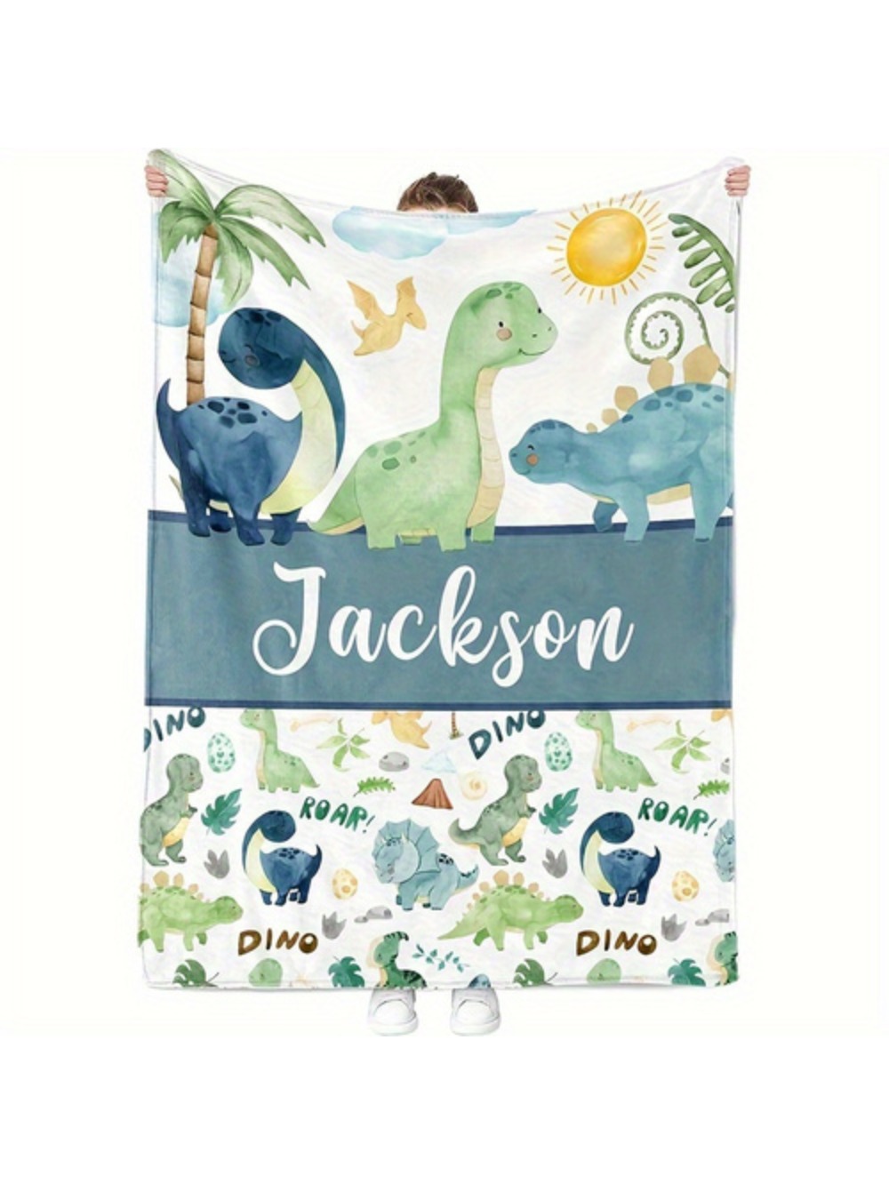 1pc Personalized Name Custom Cartoon Dinosaur Throw Blanket Soft Flannel Cozy All Season Blanket For Sofa Travel Picnics Vibrant Dino Design With Palm Trees Clouds Ideal Gift F
