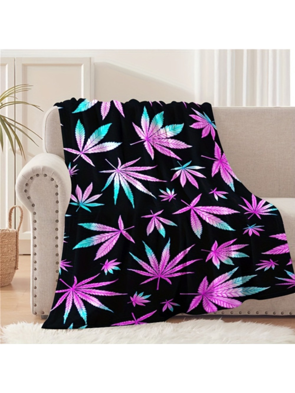 1pc Soft All Season Flannel Blanket In Black Purple With Leaf Print Machine Washable Multi Size Sofa Bed Blanket For Adults Youngsters Contemporary Home Decor Stylish Room Accent