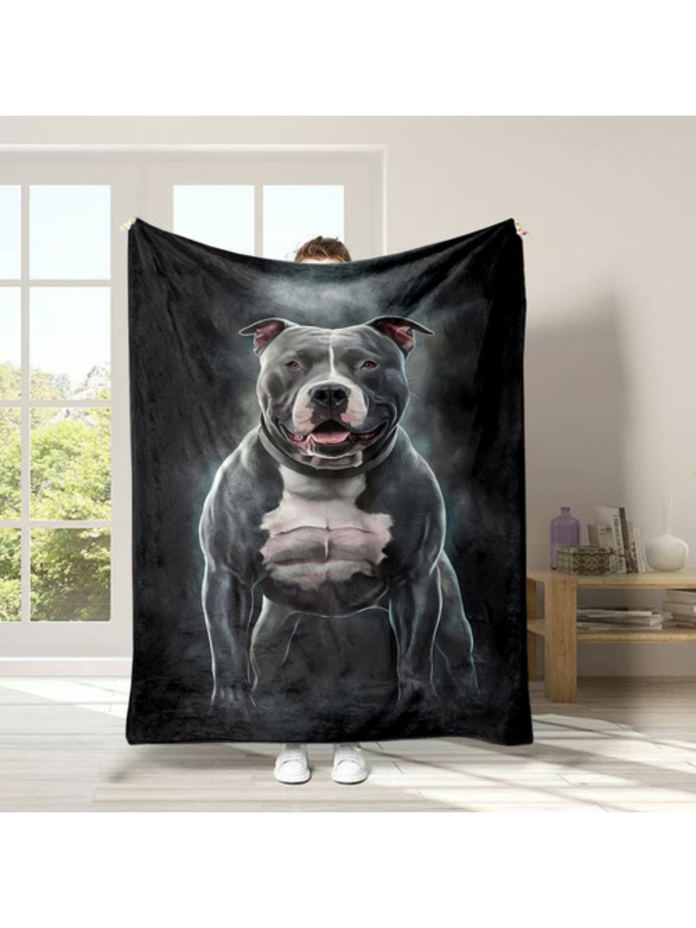 3d Black Muscle Pitbull Pattern Flannel Throw Blanket Digital Print Soft High Quality Polyester Non Pilling Shed Free Contemporary Style For All Seasons Reversible Warm Gift Fo