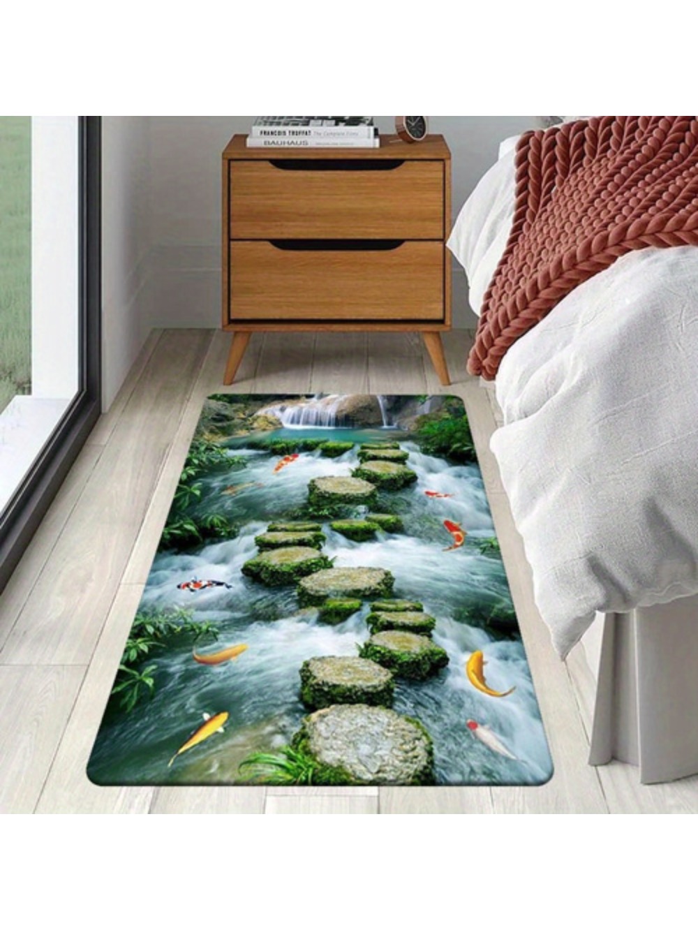 3d River Stones Fish Theme Floor Mat Polyester Fiber Crystal Velvet Entrance Door Carpet Non Slip Kitchen Living Room Bedroom Home Corridor Balcony Rug Koi Pond Design Large