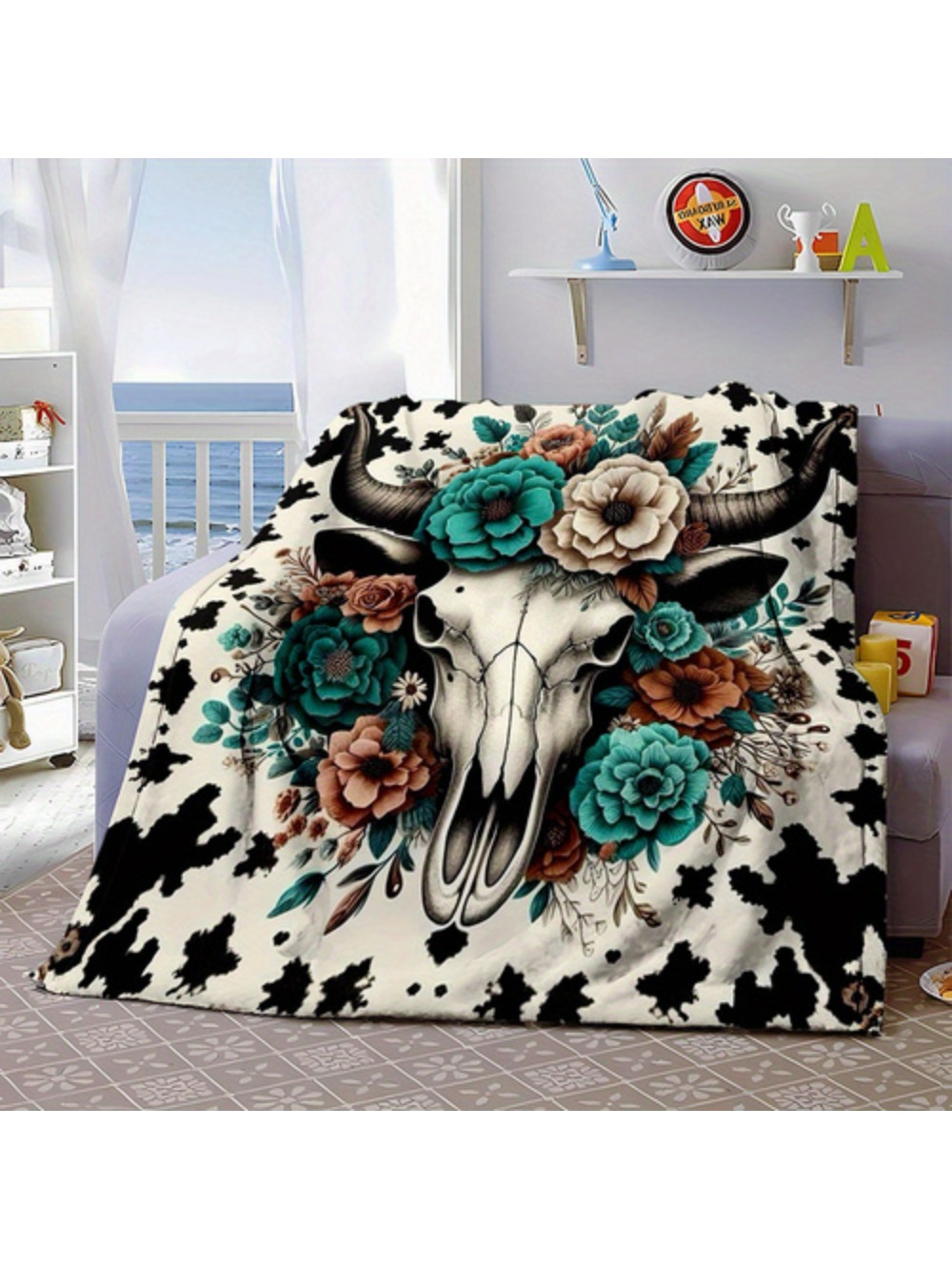 Country Rustic Flannel Throw Blanket With Cartoon Bull Skull And Floral Design Digital Print 100 Polyester Non Woven Reversible All Season Cozy Cover 200 250g Square Weight