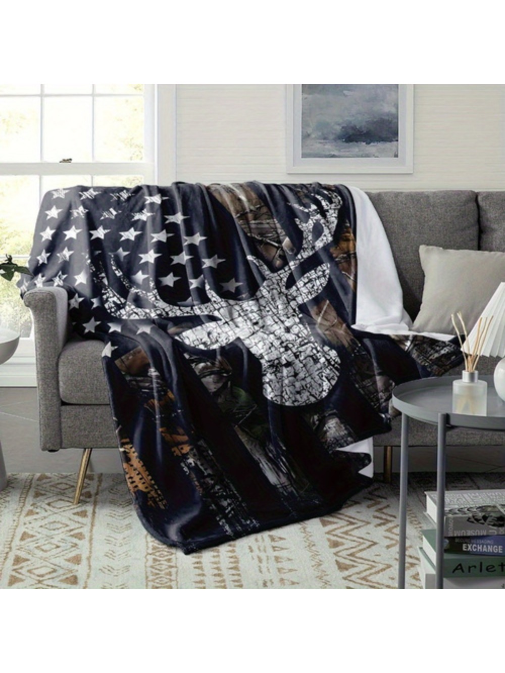 Cozy American Flag Deer Head Throw Blanket Soft Warm Comfortable For Couch Bed Office Perfect Christmas Halloween Gift