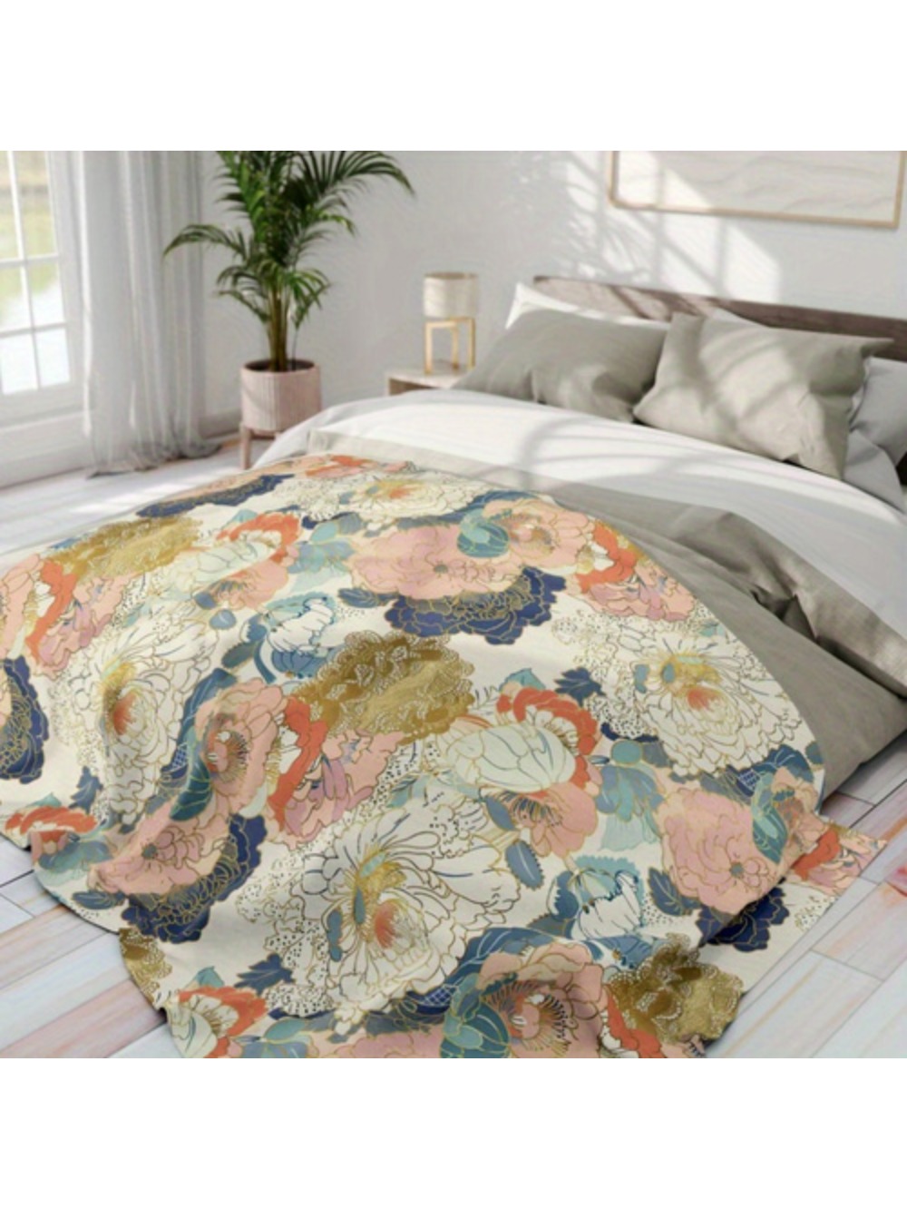 Cozy Bohemian Blanket Soft Polyester Bohemian Japanese Floral Fleece Blanket Vibrant Orange Pink Blue And Golden Patterns All Season Cozy Bedding For Home Decor Or Gift Decorativ
