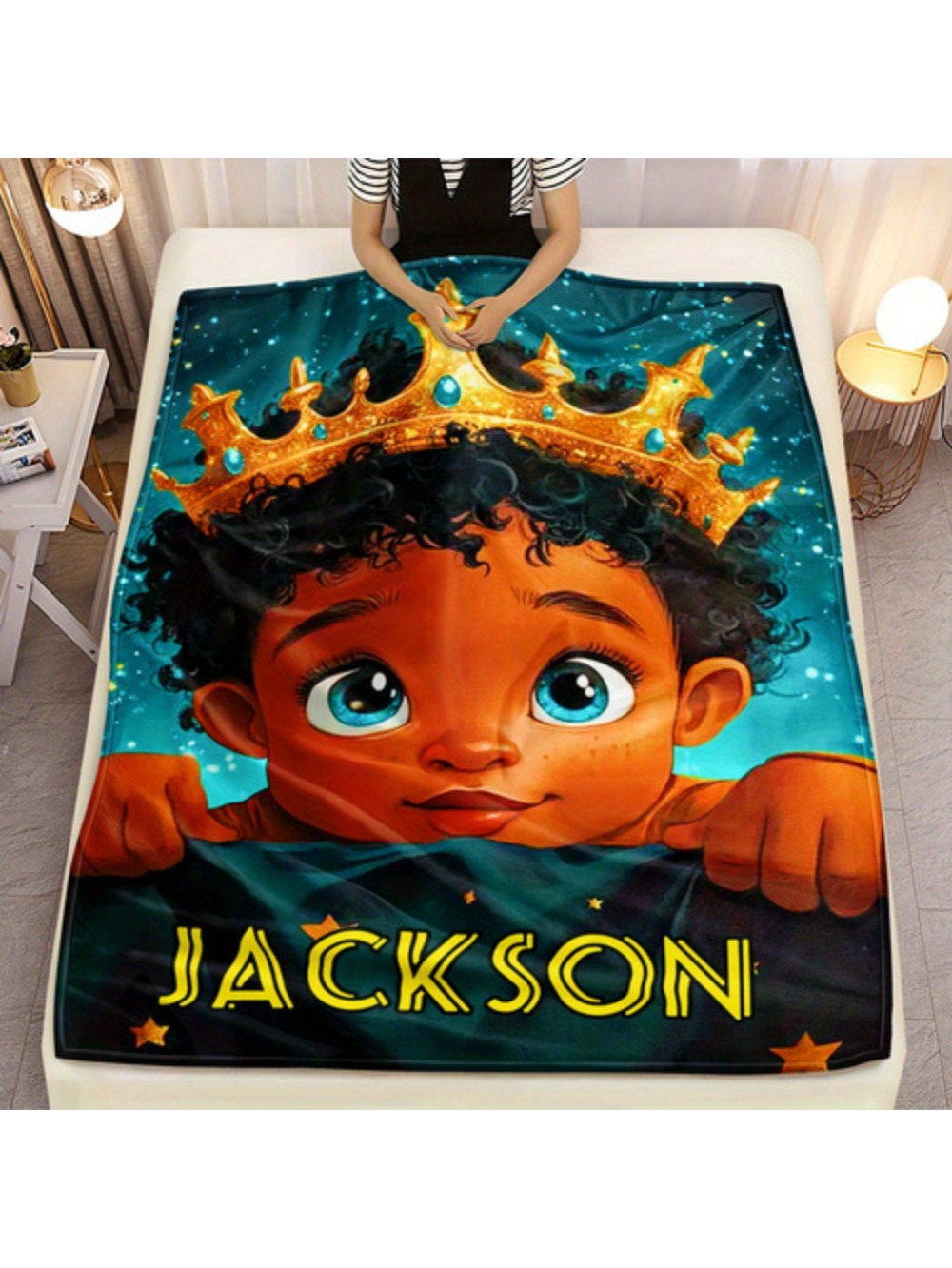 Cozy Comfort Personalized Name Cartoon Black Boy Flannel Throw Blanket Soft Lightweight All Season Warmth Customizable Jackson Design With Crown Illustration Perfect For Sofa