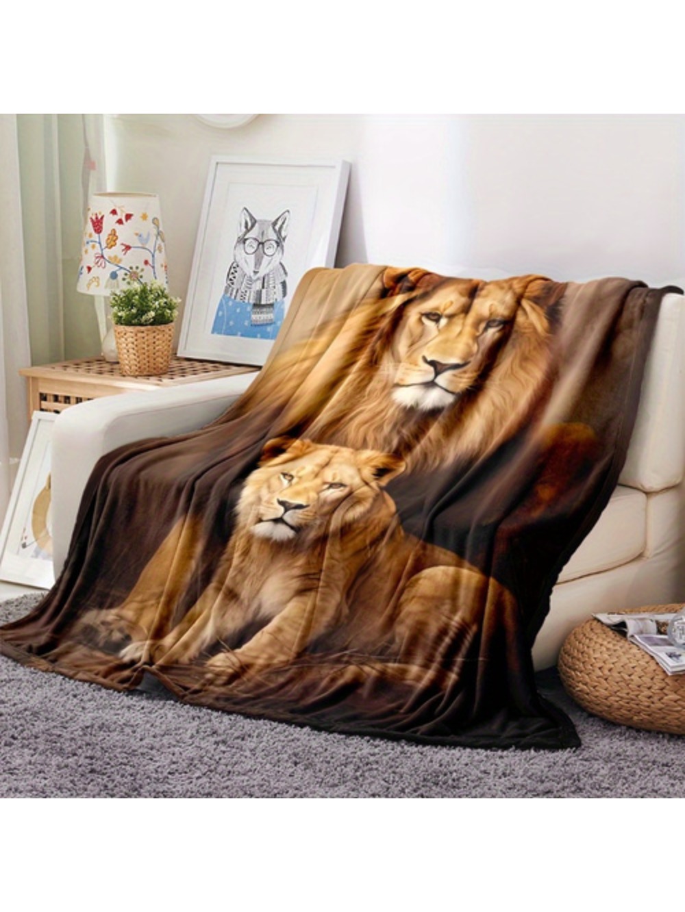 Cozy Lion Print Flannel Blanket Luxurious Lion Print Flannel Throw Blanket Soft Cozy Versatile For Couch Bed Office Camping Travel All Season Gift Idea